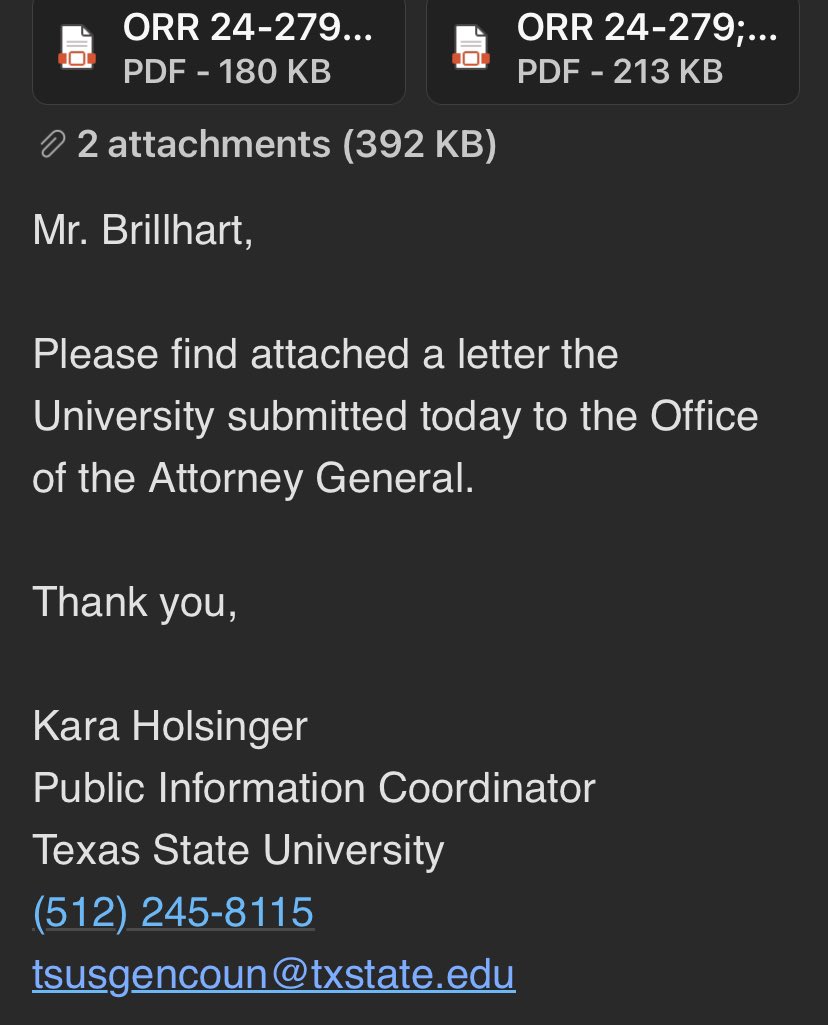 MANY REASONS TO BELIEVE TXST STUDENT WHISTLEBLOWER BRILLHART, MAINLY HOWEVER ARE HIS FOIA RELEASES FROM THE UNIVERSITY ITSELF.  

HERE ARE 2 MORE EXAMPLES:

When he directly frames his legal request+ for info (FOIA) like this, and he gets this for a response, he is ❎ over his🎯