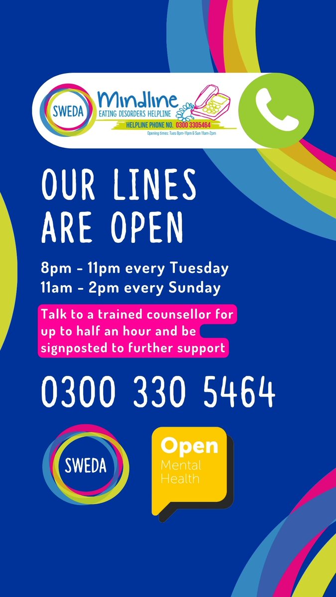 Our partners @swedauk & @MindinSomerset offer a free confidential helpline for those affected by eating disorders. If you or a loved one need support call us on 0300 330 5464. The helpline is open every Sun from 11am until 2pm and every Tues from 8pm until 11pm #somerset