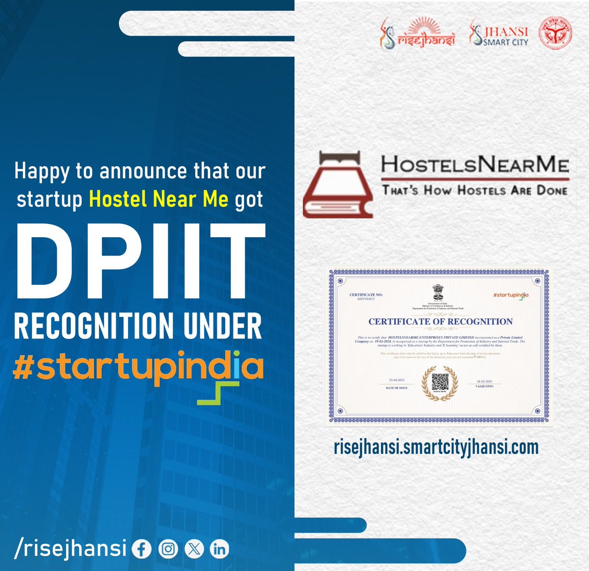 🎉 Exciting news! Hostel Near Me, incubated at RISE Jhansi Incubation Center, received DPIIT Recognition under #StartupIndia! 🚀 Congratulations to the team! 

#RISEJhansi #Incubationmasters #Jhansismartcity #Entrepreneurship #DPIITRecognition