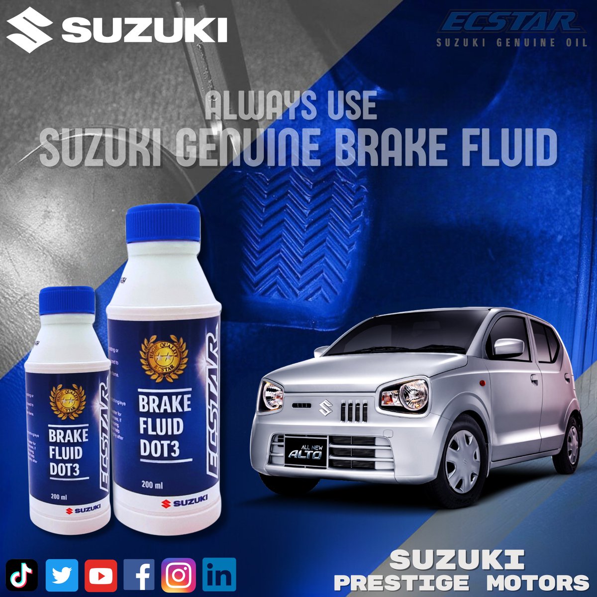 To ensure peak performance and safety, always choose Suzuki Genuine Brake Fluid for your Suzuki
#SuzukiPrestigeMotors #SuzukiPakistan #PakSuzuki #likeforlikes #SharePost #SuzukiGenuineOil #ECSTAR #GenuineOil #ecstaroil #suzuki #suzukigenuineparts #likeforfollow #family #community