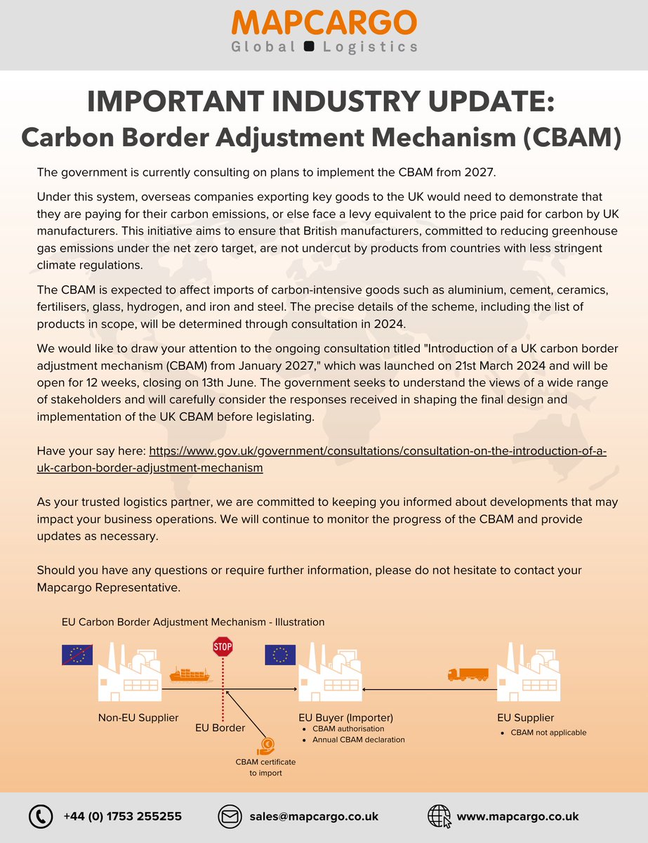 INDUSTRY UPDATE: Carbon Border Adjustment Mechanism (CBAM)

Contact your Mapcargo representative if you have any questions:
📧 sales@mapcargo.co.uk
📞 +44 (0) 1753 255255

#Globallogistics #CBAM #CarbonBorderAdjustmentMechanism #IndustryUpdate #Carbon #Netzero #CarbonNeutral