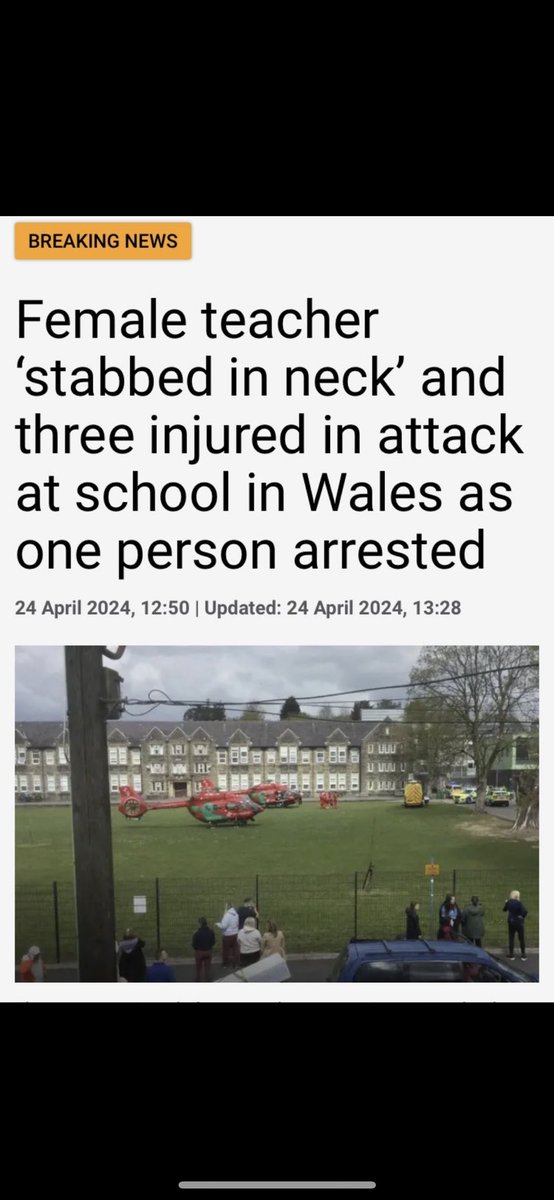 🚨🏴󠁧󠁢󠁷󠁬󠁳󠁿 Teacher stabbed in Wales ‼️ Breaking:- Horrific headline from Amman Valley School, Carmarthenshire Three people reportedly attacked, suspect has been arrested