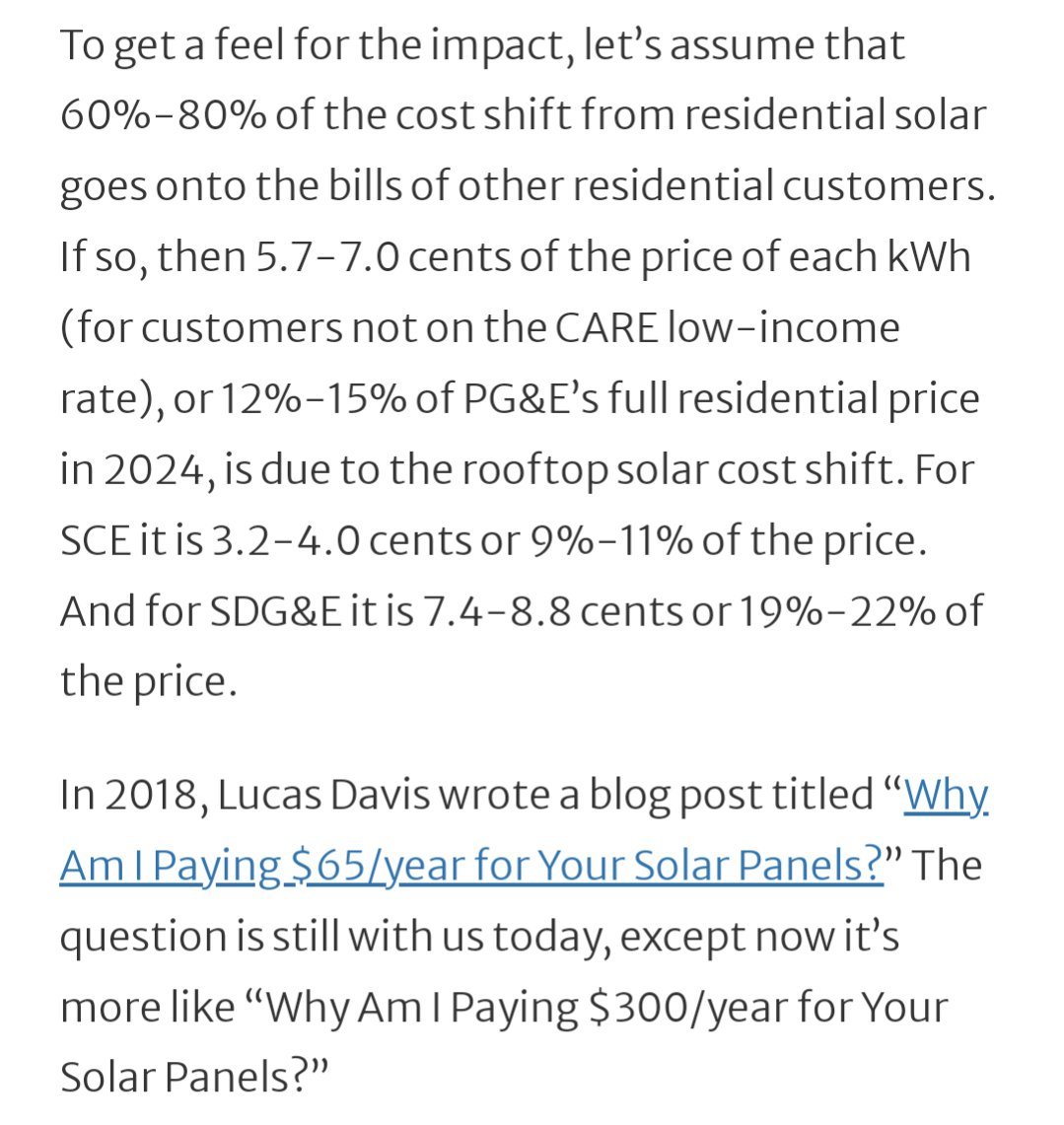 .@BorensteinS estimates that soaring retail rates, poor rate design & rapidly growing rooftop solar adoption in California combine to shift ~$3.8 billion from bills of solar adopters to those without solar, increasing their rates 5.7-7¢/kWh. 😯 energyathaas.wordpress.com/2024/04/22/cal…