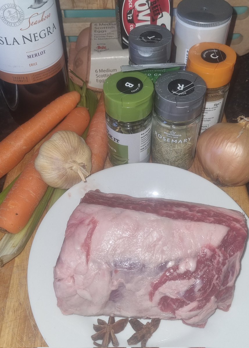 Long, slow cook. Short rib. It's one of my favourites. The veg are for stock flavour. I'll make a parmigiano polenta to go with it.