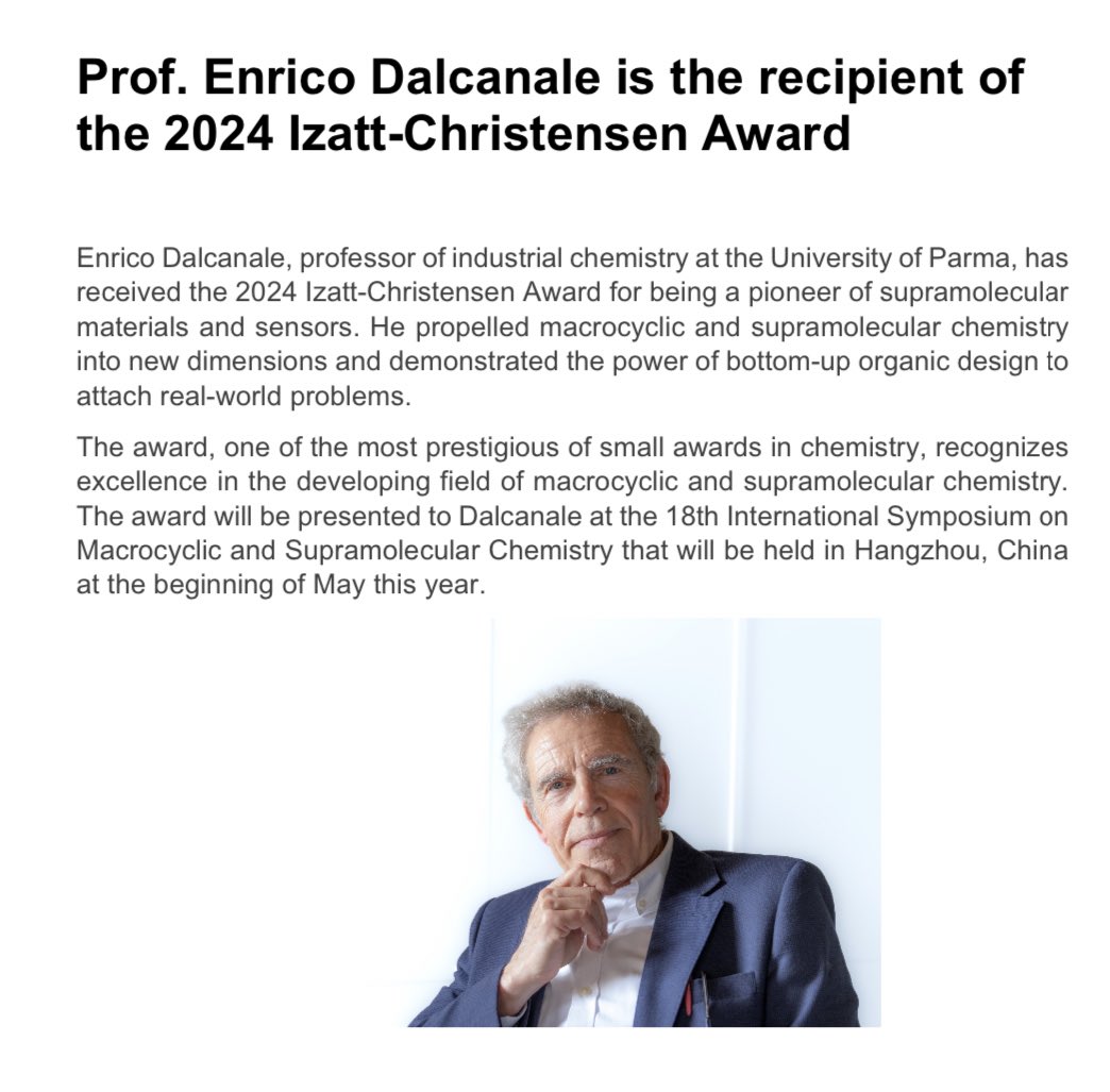 We are thrilled to announce that prof. Enrico Dalcanale is the 2024 Izatt-Christensen Award winner that will be presented in Hangzhou, China at <a href="/ismsc2024/">ISMSC2024</a>. Congratulations Enrico! Well deserved, we are so proud of you! #ISMSC2024