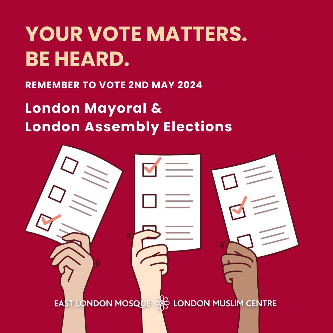 Don't forget, your vote is your voice on the 2nd May 2024. The DEADLINE to Register for Voter ID is at 5pm today. 🔗Click Here: gov.uk/apply-for-phot… #InformedVoting #CommunityVoice #ELMCommunity #LondonElections2024 #YourVoteMatters #EastLondonMosque