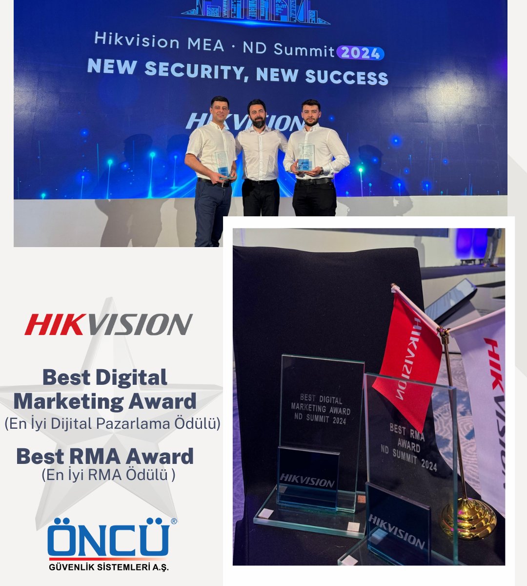 Hikvision MEA tarafından Mauritius'ta düzenlenen Distribütör Konferansı'nda aldığımız ödüllerden büyük bir gurur ve mutluluk duyuyoruz. Bu önemli başarıda emeği geçen tüm İş Ortaklarımıza , Ekibimize ve Hikvision’a Öncü Güvenlik Sistemleri olarak çok teşekkür ediyoruz