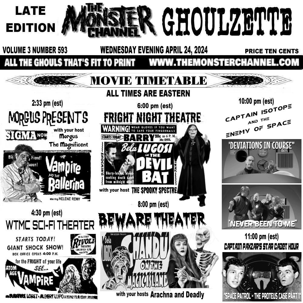 EerieLateNight's tweet photo. Today on The Monster Channel!

https://t.co/NvRAe8VnaE

#donsbreakfastserialshow #nuttystreehouse #morguspresents #frightnighttheatre #thespookyspectre #bewaretheater #arachnaanddeadly #captainisotope #captainpaxzarsstarcadethour https://t.co/deYOiom2Yt