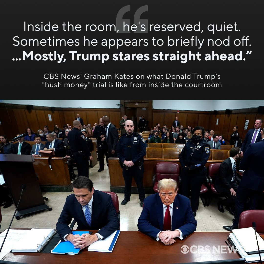 What’s it like seeing fmr. Pres. Trump’s historic New York criminal trial from inside the courtroom? @GrahamKates describes what happens from the moment everyone passes through security to when Trump leaves the building. cbsn.ws/4b6R9Ex