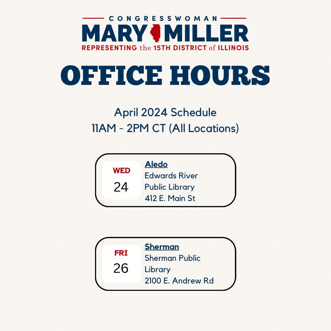 My district staff is hosting additional local office hours this week! Please stop by if you need assistance getting in contact with a Federal Agency. My staff is available to help with Social Security, IRS, VA, and other federal issues.