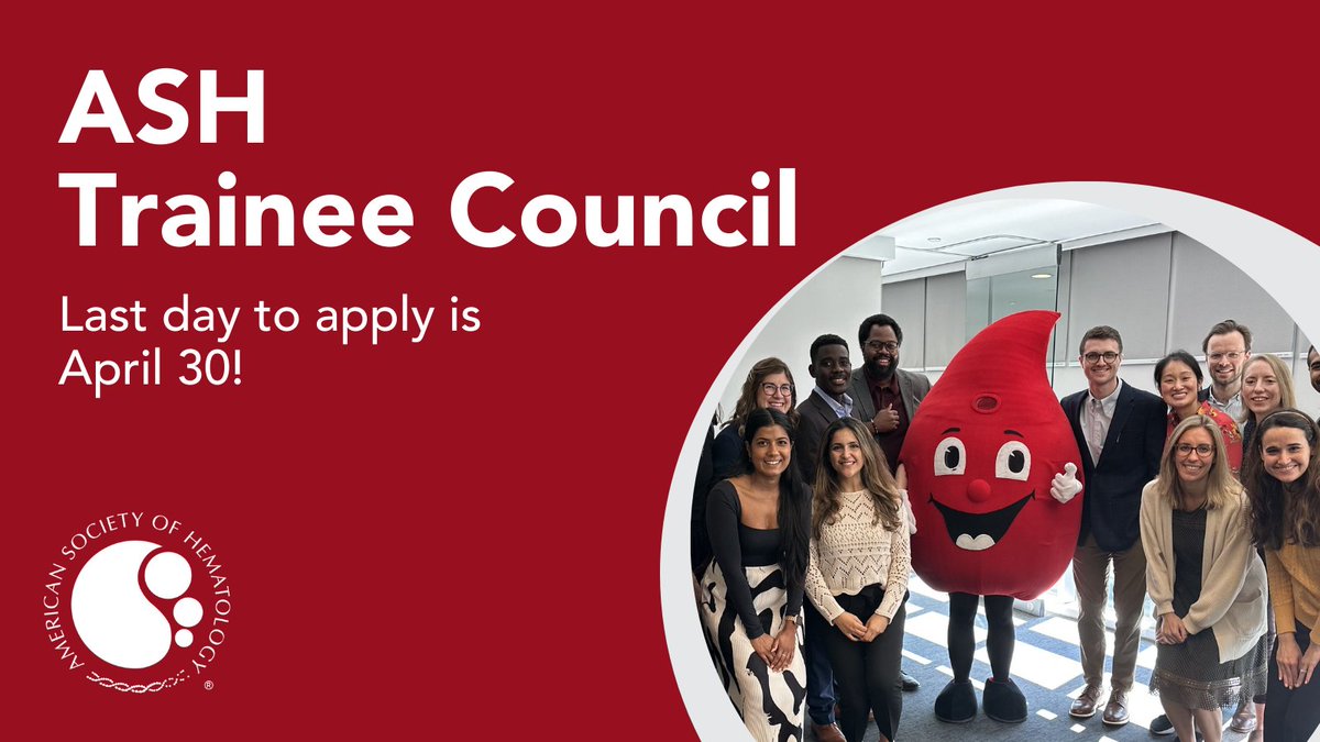 🩸 Calling all #hematology trainees! Do you want to join a dynamic community driving innovation & advocacy in hematology? Apply today for one of ten available positions on the ASH Trainee Council! 📅 The application deadline is April 30: ow.ly/9UA150Rn3T7 #ASHTrainee