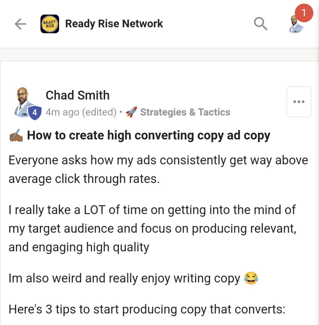 Good morning!

I'm one of those nerds that loves the art and science of writing ad copy.

It's why my ads always have a higher than average clickthrough rate 💪🏾

I just gave the members of my Ready Rise Network 3 of my best tips for ad copy that converts...

Want access? 👇🏿