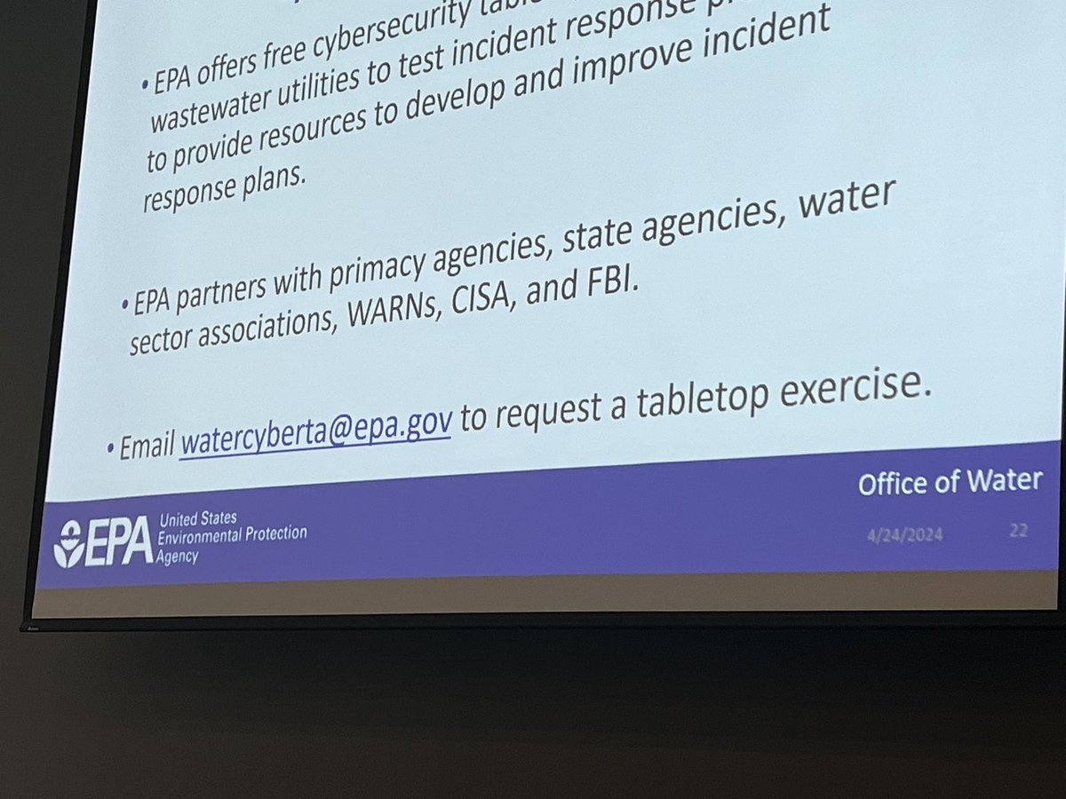 MLMeekerWater's tweet photo. Did you know that @EPAwater #CyberSecurity Division offers free tabletop exercise tools for #water systems?  If you are a utility, you should check it out. @theh2otower @sutdsg #itrustlabs #DCSWater24 https://t.co/YQRRuSdblp
