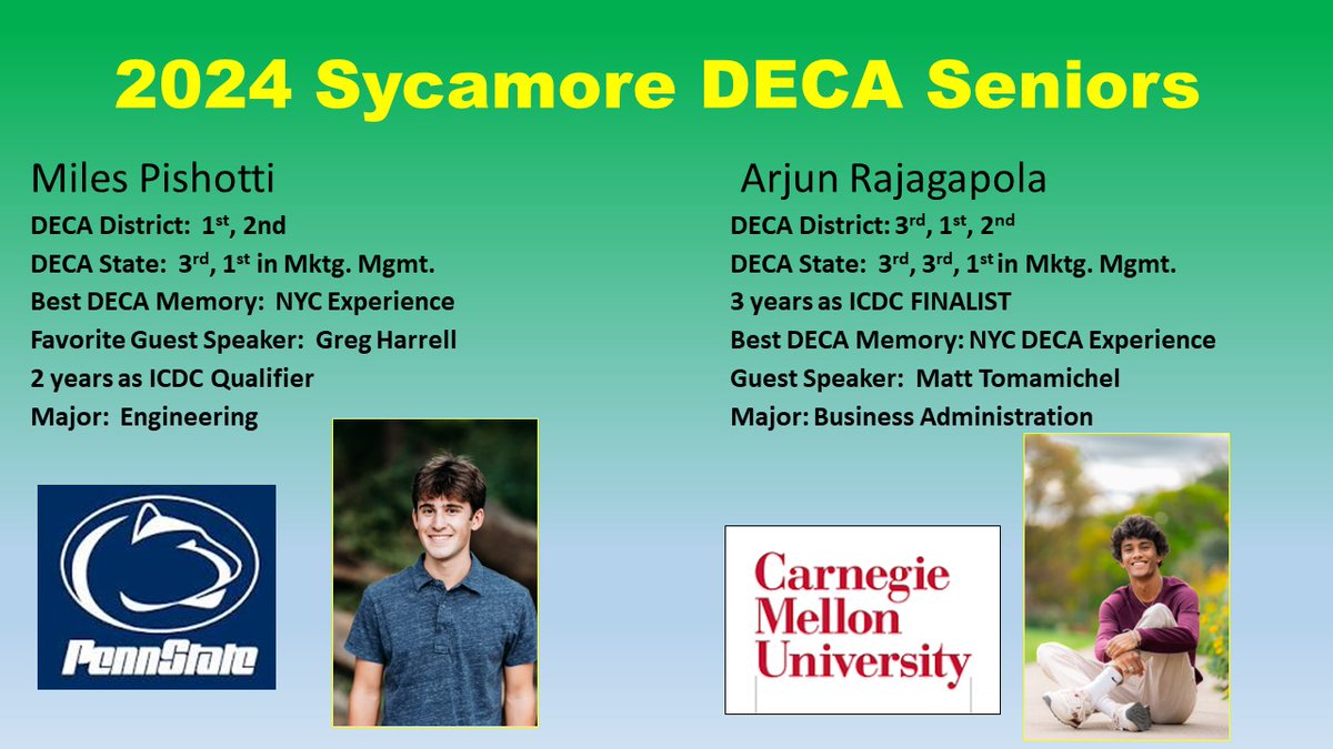 Honoring our 2 seniors today:  Miles attending Penn State and Arjun Carnegie Mellon.