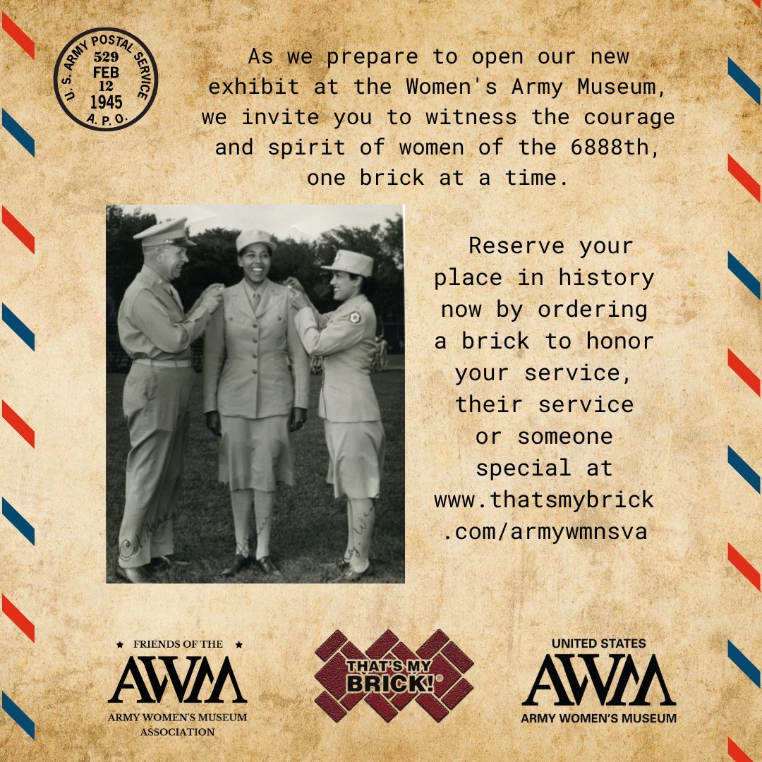 AW__Museum's tweet image. As we prepare to open our new exhibit at the Women's Army Museum, we invite you to witness the courage and spirit of women of the 6888th, one brick at a time.
thatsmybrick.com/armywmnsva
#BuildingALegacy #SixTripleEight #HonorTheirService #ProudToServe