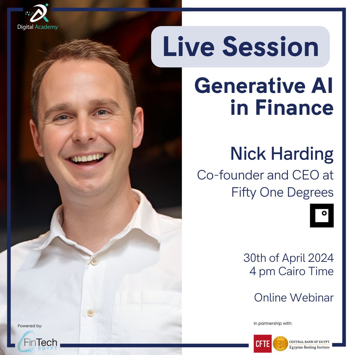 What are some of the most important applications of Generative Al in banking and financial services?🤔

We're thrilled to announce an upcoming live session with Nick Harding, Co-founder and CEO at @51dco!🚀

Ready? Register your interest here 👉lnkd.in/d5yQJ55T

@EBItweets