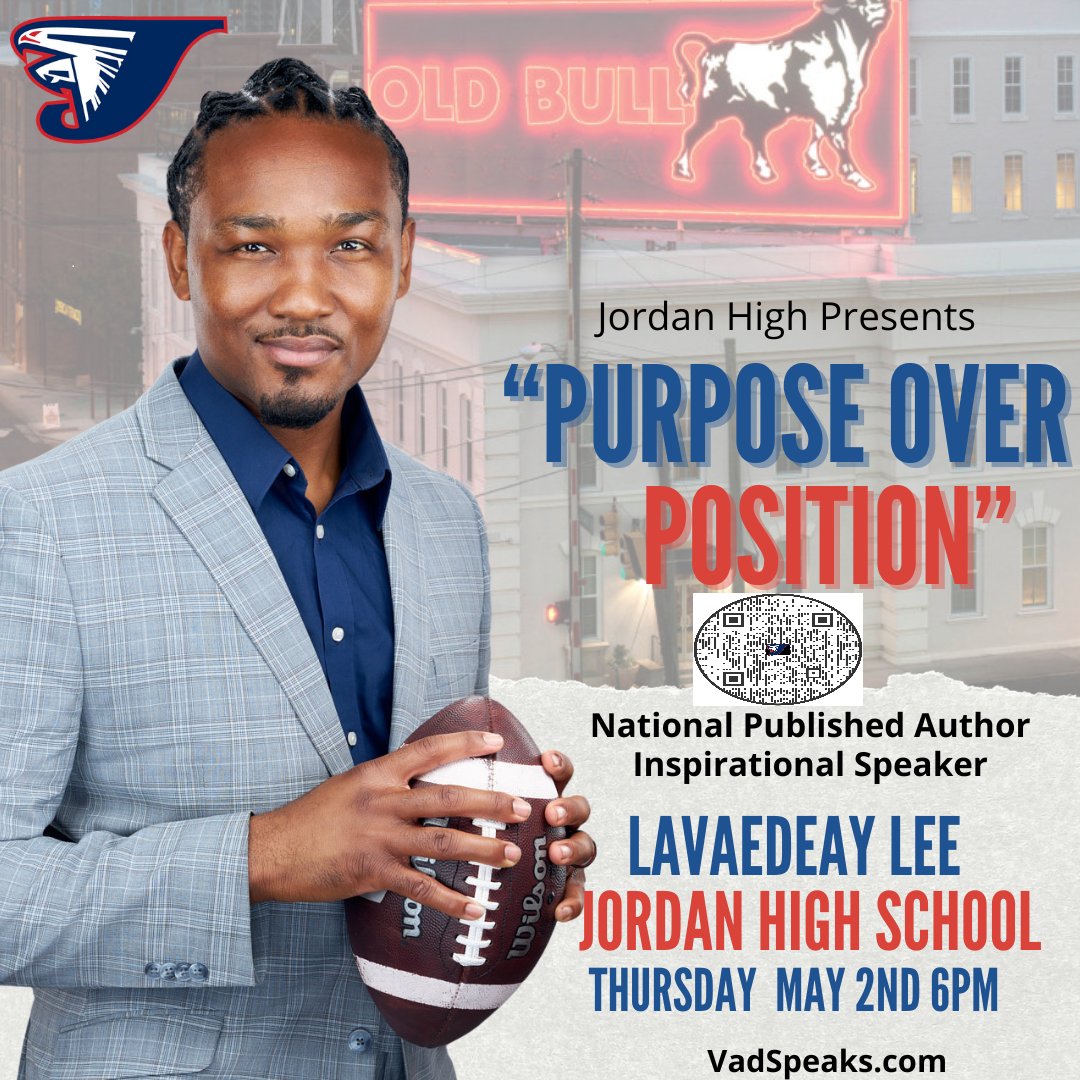 The former award winning, record setting high school and college quarterback, the author, sports chaplain, the motivational speaker and Bull City's own LaVaedeay Vad Lee will be guest speaking at Jordan HS on Thursday, May 2, 2024 at 6:00pm