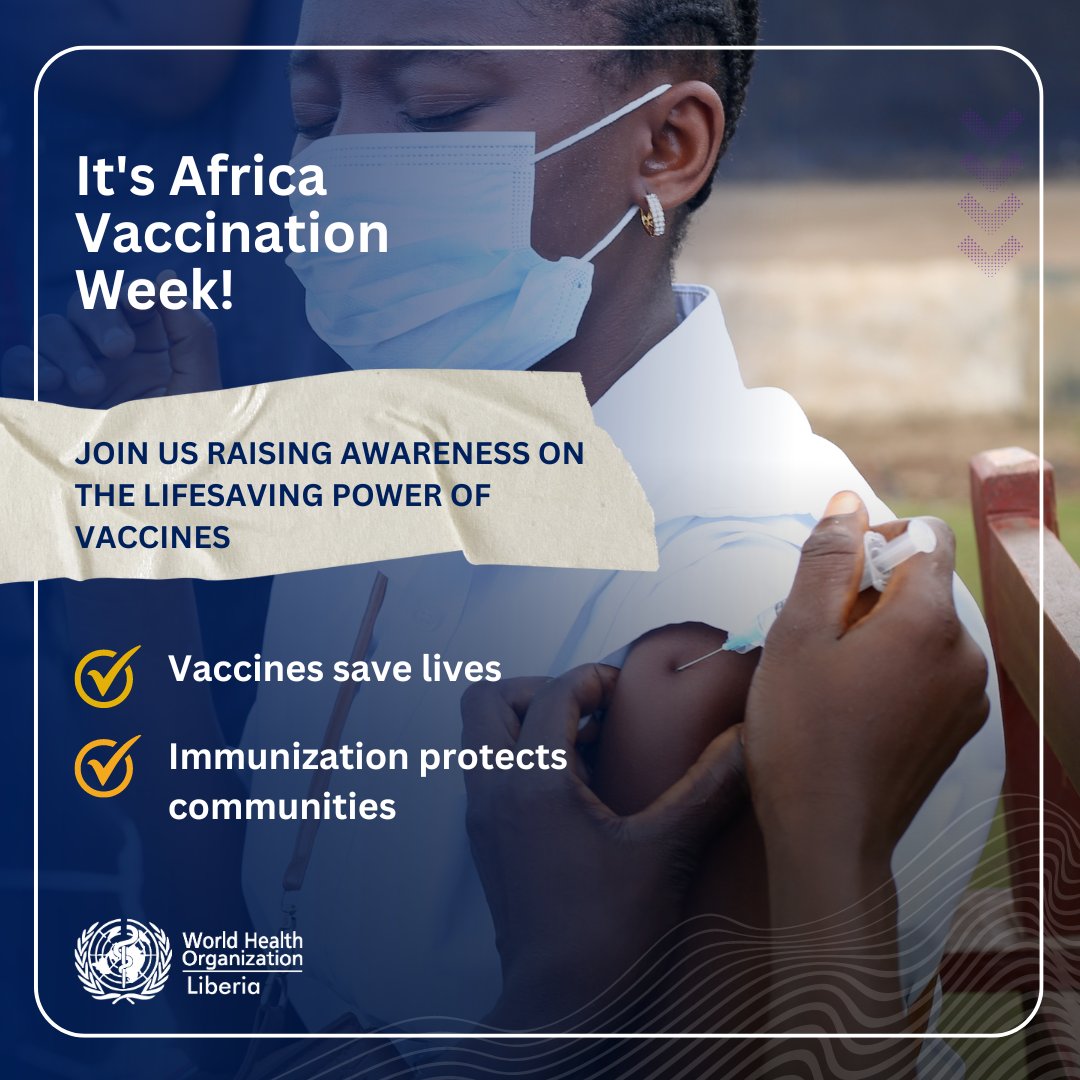 It's African Vaccination Week!  
Join us in raising awareness about the lifesaving power of vaccines. Spread the word: 
✅ Vaccines save lives 
✅ Immunization protects communities  
This week, ensure you & your children are up-to-date with your shots. 
#VaccinesWork 
#AVW2024