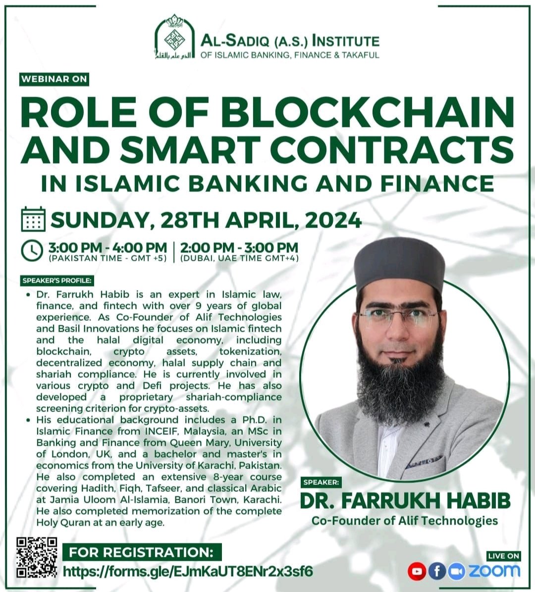 Event: Role of Blockchain and Smart Contracts in Islamic Banking and Finance with @DrFarrukhHabib

Date: Sunday 28th April 2024
Time: 6pm 🇲🇾, 3pm 🇵🇰, 2pm 🇦🇪, 11am 🇬🇧

Register here: docs.google.com/forms/d/e/1FAI…

#Islamicfintech
