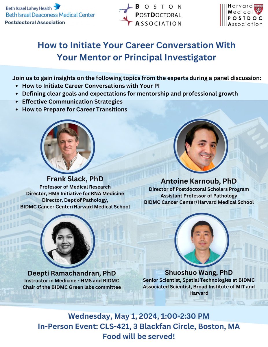 Dear Postdocs,

We are excited to invite you for our upcoming inperson event entiled: 'How to initiate your career conversation with your mentor or Principal Investigator.' 

Looking forward to seeing everyone!