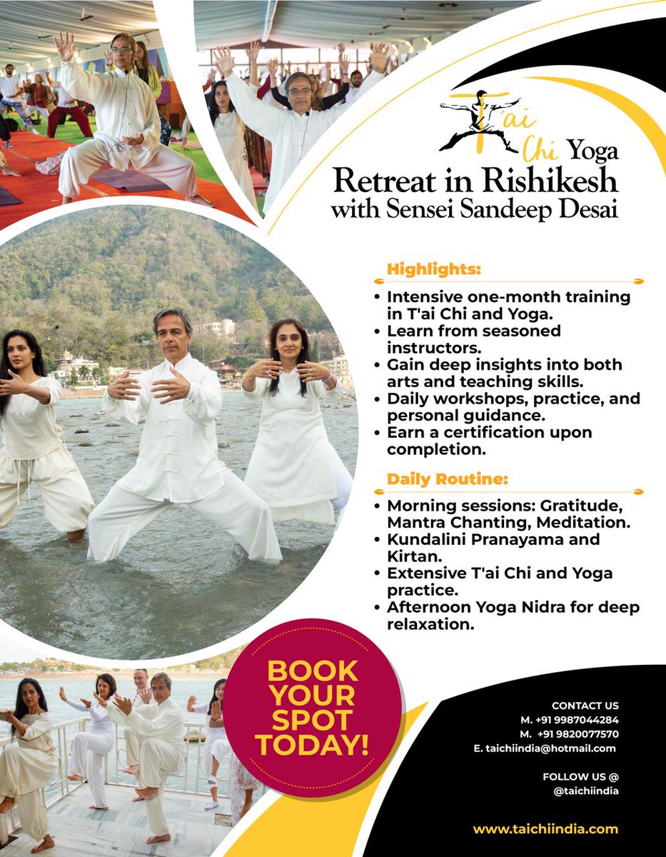 TAICHIINDIA's tweet photo. Immerse yourself in a transformative retreat in Rishikesh with Sensei Sandeep Desai! 🌿✨
Contact us at +91 9987044284 or +91 9820077570, or email us at taichiindia@hotmail.com. Follow us @taichiindia and visit https://t.co/UiP0WDDR4a for more details. 
#RishikeshRetreat #T'aiChi https://t.co/7e3EPBHP4M