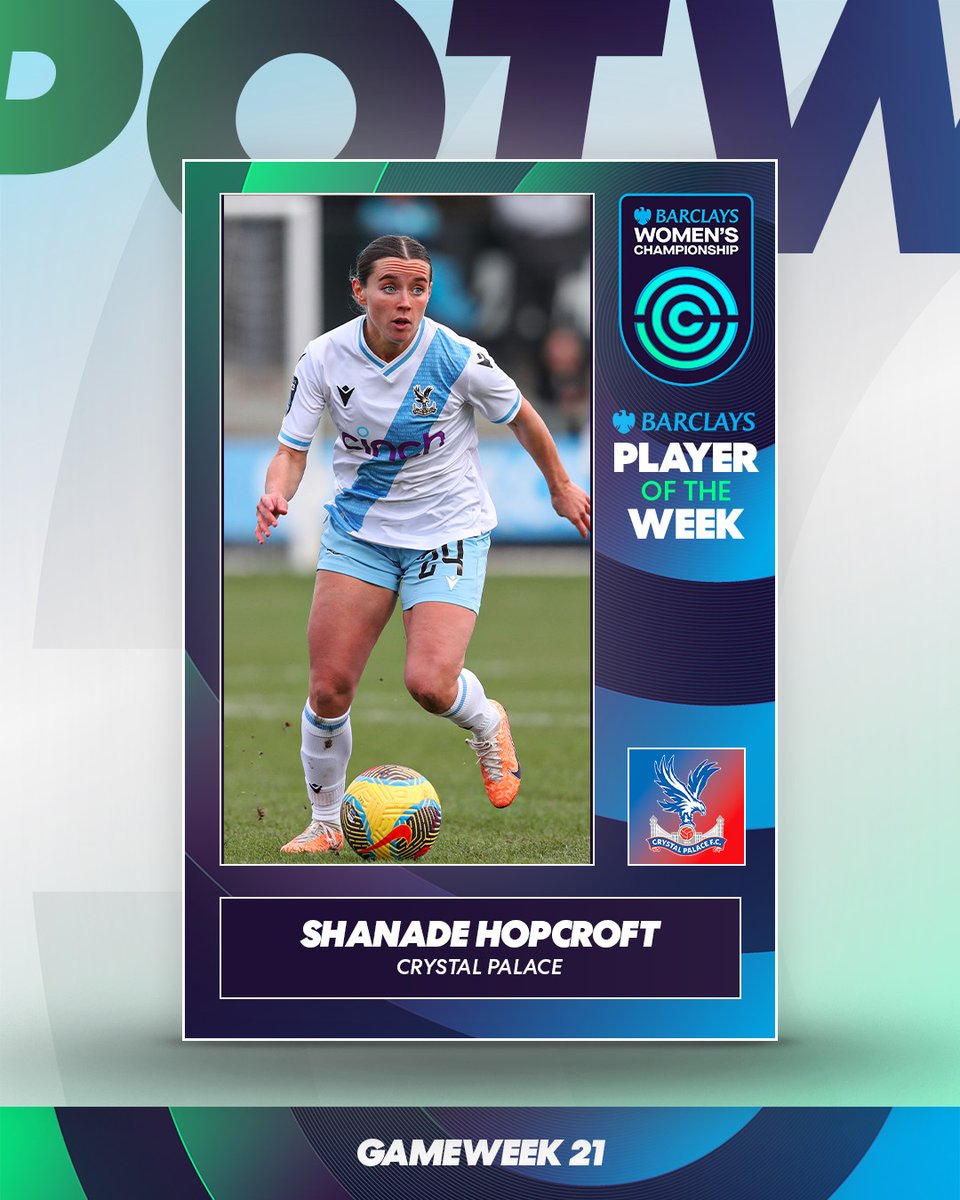 BarclaysWSL2's tweet photo. As voted by you...

@shanadehopcroft is the #BarclaysWC Player of the Week! 🌟 https://t.co/nxHfpP3Bvu