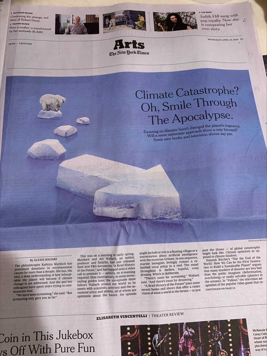 Wow!! Climate Apocalyptic Optimism & SAVING OURSELVES by @Fisher_DanaR on the front page of the Arts section the @nytimes Absolutely fantastic to see @BillWeirCNN book LIFE AS WE KNOW IT (CAN BE) feat. too! ty @ASoloski for showing why we need hope to survive. ht:…