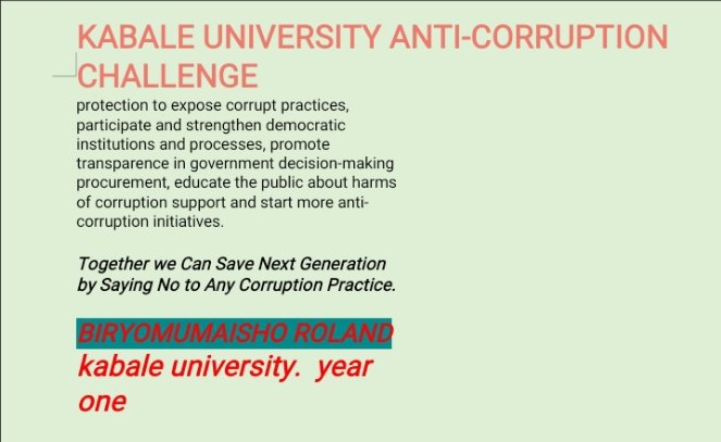 In the @kabuniversity AntiCorruption challenge 2024, we're sharing #BiryomumeishoRolland's article exposing the  corrupt practices in the different sectors of education, health and roads. He also proposes actions to combart corruption. Join us or support 
#ExposeTheCorrupt