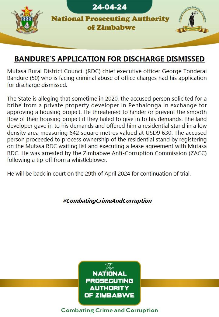 Bandure's application for discharge dismissed
#CombatingCrimeAndCorruption