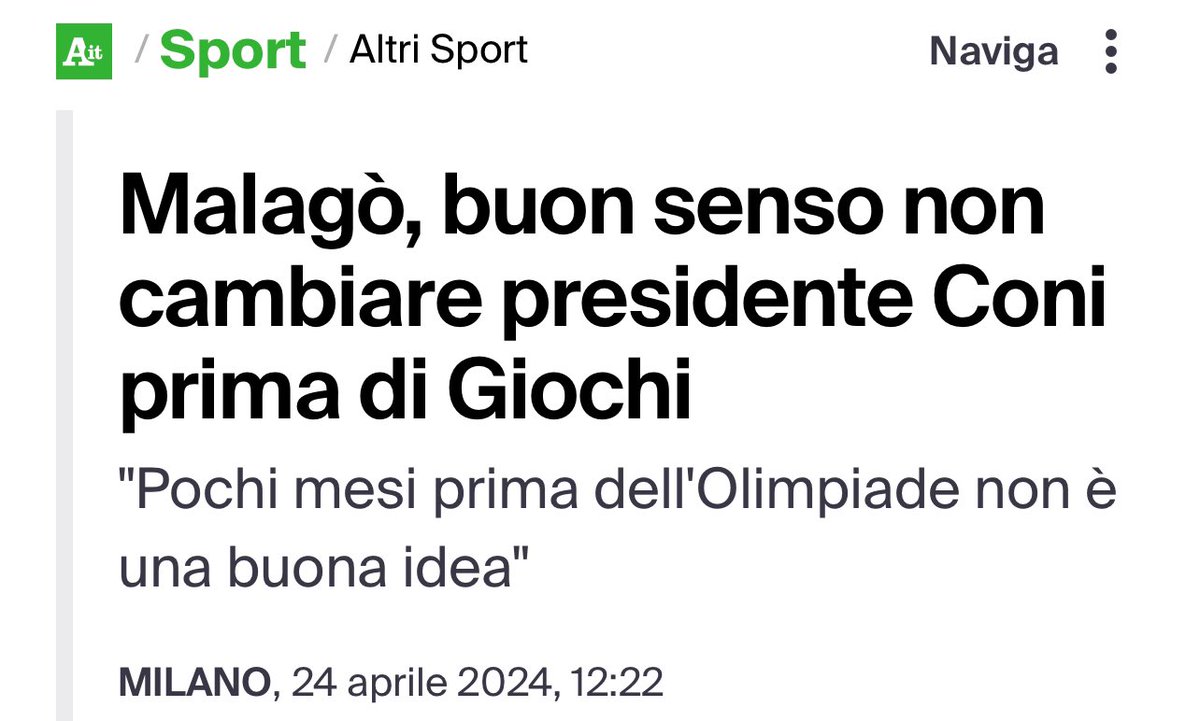 #Malagò: #buonsenso non cambiare #presidente #coni prima delle #olimpiadi.
#Abodi: “Non credo a uomini e donne della #provvidenza, ciò che noi facciamo è a servizio e di servizio. Per cui quando un mandato finisce la vita continua e il mondo va avanti”.
#gamesetmatch. 
E #amen.