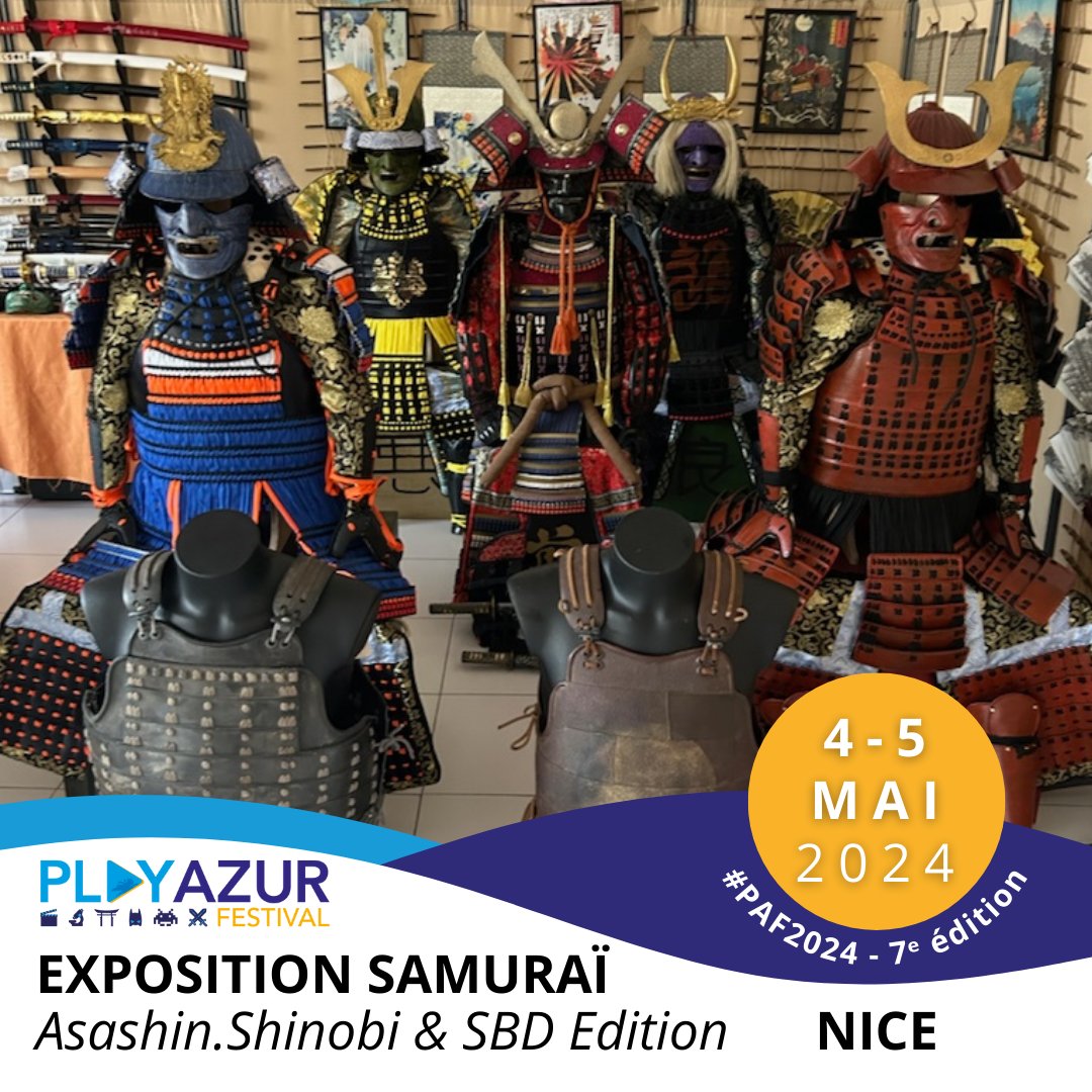 [🎎#Japon 🇯🇵] Asashin.shinobi et SBD Edition au #PAF2024 avec une expo Samouraï dans la pure tradition japonaise ! Retour sur l’époque mythique de l’Asie féodale, 15e au 17e siècle 🎟️Lien billetterie : playazur.fr/billetterie/ #IloveNice #Nice06 #CotedAzurFrance