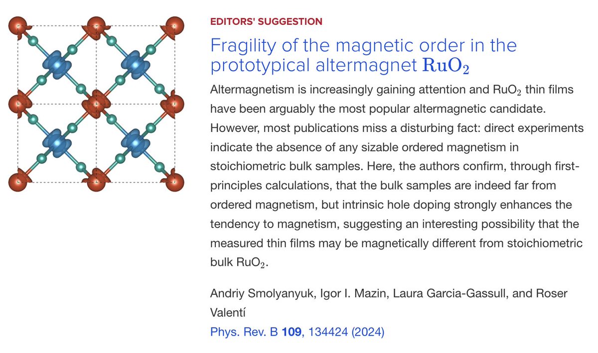 PhysRevB's tweet photo. PRB Editors' Suggestion: Fragility of the #magnetic order in the prototypical #altermagnet #RuO2

A. Smolyanyuk, I. I. Mazin, L. Garcia-Gassull, &amp; R. Valentí
PRB 109, 134424

➡️ https://t.co/xodEAvvgdc
#EdSugg #physics #condmat @APSPhysics @tu_wien @GeorgeMasonU @goetheuni https://t.co/U5s9fOZaWl