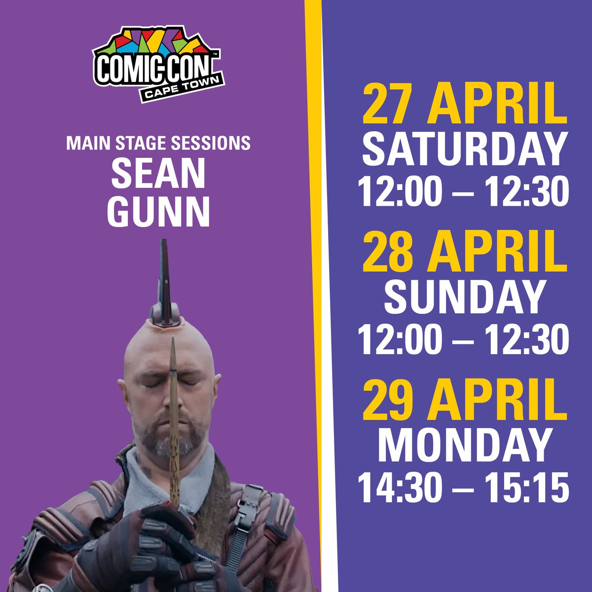 ICYMI Here is a recap of the stage sessions for the amazing international Film & Series guests attending Comic Con Cape Town 😊👏 NB: Times are subject to change Don’t forget about those photo op and autograph sessions available through Howler!