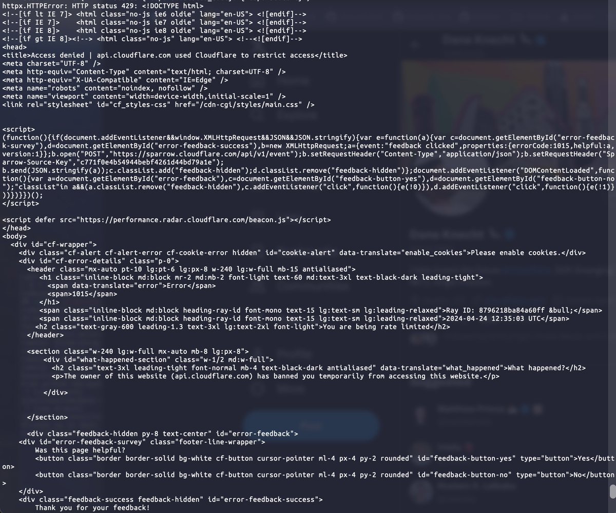 Hey @Cloudflare @threepointone @dok2001 @KentonVarda Would be really nice if CloudFlare error pages like this (e.g. 429) returned a plain text message that is easy to read in the terminal unless it's obviously a browser - e.g. check UA and/or Accept.
