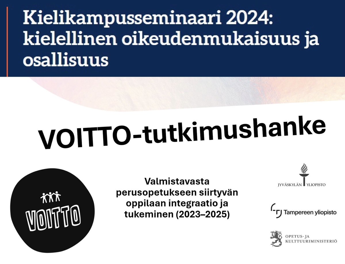 VOITTO-tutkimushanke (@voitto_tutkimus) on Twitter photo VOITTO-hanke on tänään mukana Kielikampusseminaarissa Jyväskylän yliopiston Ruusupuistossa. Onpa mahtavaa päästä kuulemaan tutkijoiden esitelmiä kielellisestä oikeudenmukaisuudesta ja osallisuudesta! <a href="/kielikampus/">Kielikampus</a> <a href="/uniofjyvaskyla/">University of Jyväskylä</a> <a href="/jyu_okl/">Jyväskylän yliopiston opettajankoulutuslaitos</a> VOITTO-hanke on tänään mukana Kielikampusseminaarissa Jyväskylän yliopiston Ruusupuistossa. Onpa mahtavaa päästä kuulemaan tutkijoiden esitelmiä kielellisestä oikeudenmukaisuudesta ja osallisuudesta! <a href="/kielikampus/">Kielikampus</a> <a href="/uniofjyvaskyla/">University of Jyväskylä</a> <a href="/jyu_okl/">Jyväskylän yliopiston opettajankoulutuslaitos</a>