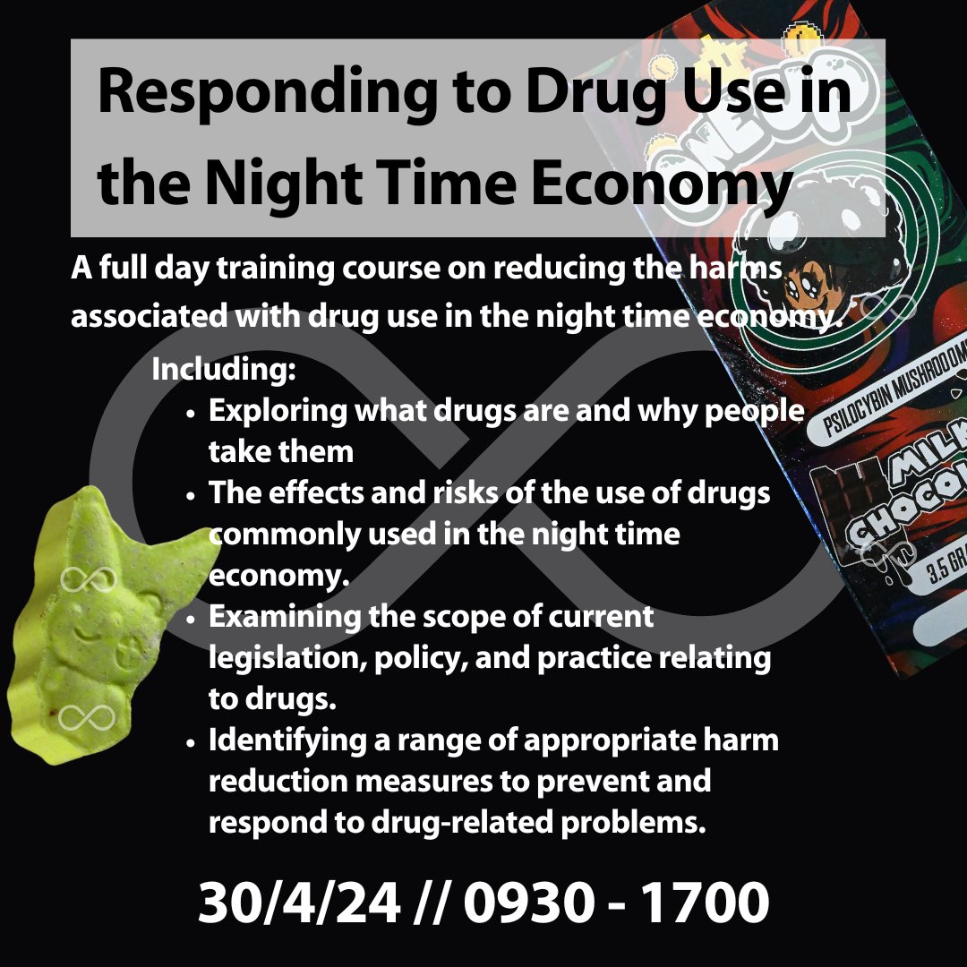Our next training session is 'Responding to Drug Use in the Night Time Economy'. a full day, interactive training course. Join us next week as we examine how to reduce the harms associated with drug use in these environments. eventbrite.co.uk/e/responding-t…