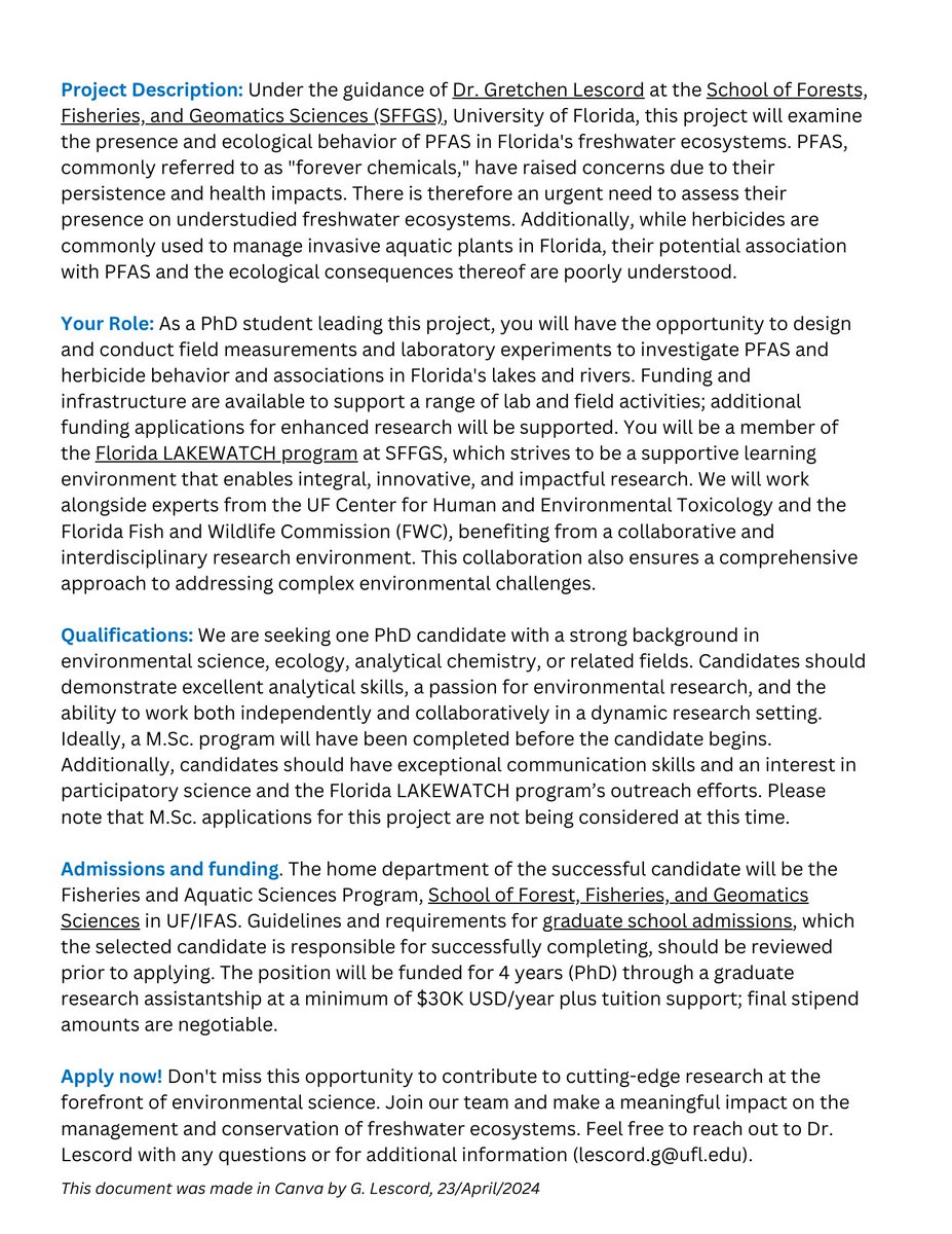 I'm SO excited about this project - PFAS + herbicides associations in FL's🐟 & 🛶! Come do your PhD on this important topic @UF @SFFGS_UF. 

Please RT widely! Non-US applicants are welcomed.  @AmFisheriesSoc @scas_scsa @NALMStweets @studentsofSETAC @LaurentianSETAC @SETAC_ChemIG