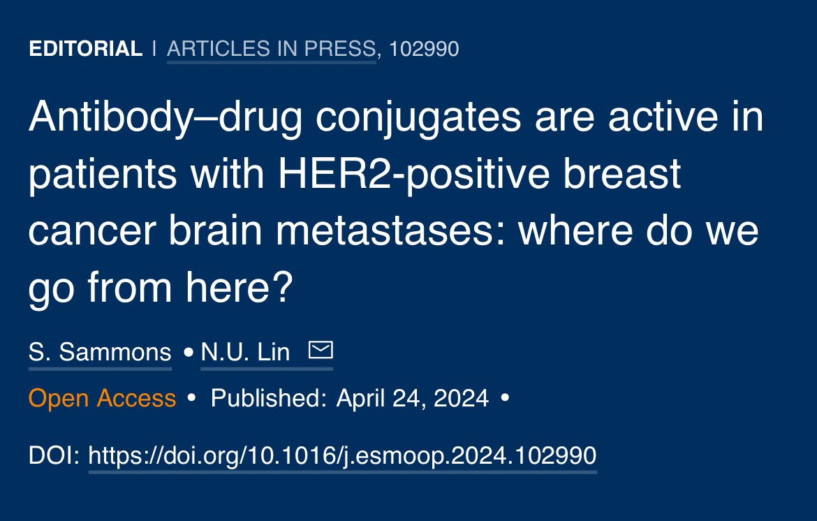 Antibody–drug conjugates are active in patients with HER2+ breast cancer brain metastases: where do we go from here? Read the editorial on the brain mets analysis from DB03 by Sarah Sammons (@drsarahsam) and Nancy Lin (@nlinmd) from @DFCI_BreastOnc. esmoopen.com/article/S2059-…