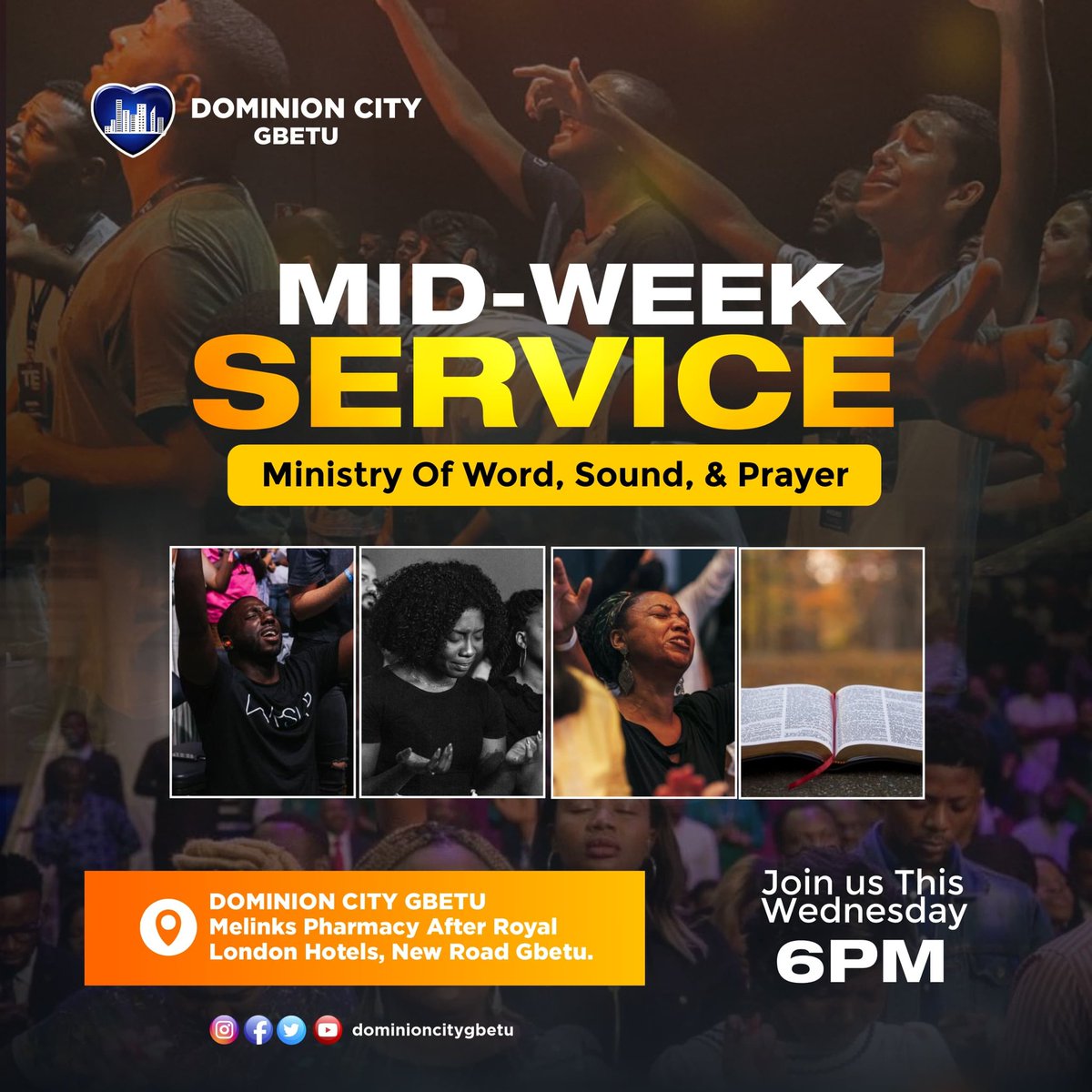DCGbetu's tweet photo. Join us this evening for a word encounter. 
@Dominioncitygbetu, Melinks Pharmacy by Royal London Hotel Gbetu. https://t.co/zgy11KXTKe