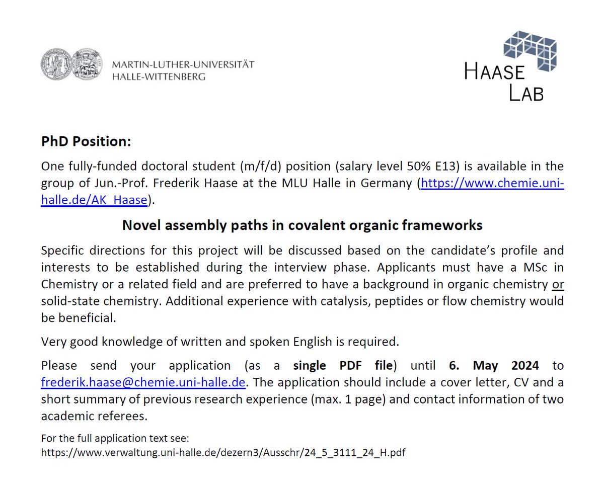 We have a PhD position available in my group. The exact topic will be tailored to the applicant, so don't hesitate to apply if you are interested in the synthesis of Covalent Organic Frameworks (COFs). 

#chemtwitter #chemjobs