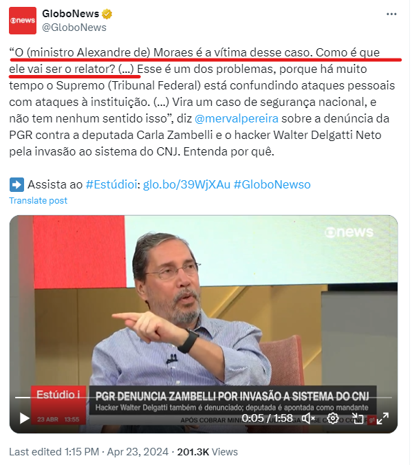 O @mervalpereira pergunta como o ministro Moraes pode ser vítima e julgar, ao mesmo tempo? Com a ajuda de pessoas como você, Merval, que tem legitimado esse estado de exceção há anos! Sem a Lula News, e o resto da imprensa para dar respaldo, nunca teria chegado nesse ponto.