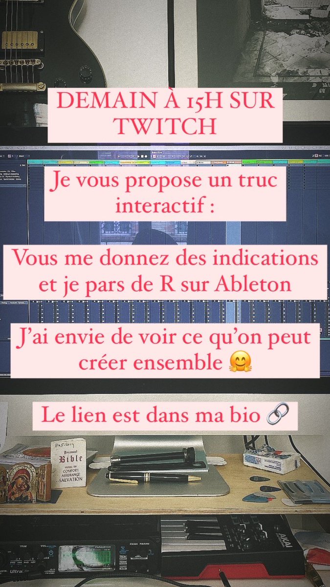 Ola ! Demain à 15h sur twitch je vous propose un truc interactif : vous me donnez des indications et je pars de R sur Ableton.
J’ai envie de voir ce qu’on peut créer ensemble 🤗
Le lien de ma chaîne est dans ma bio 🔗