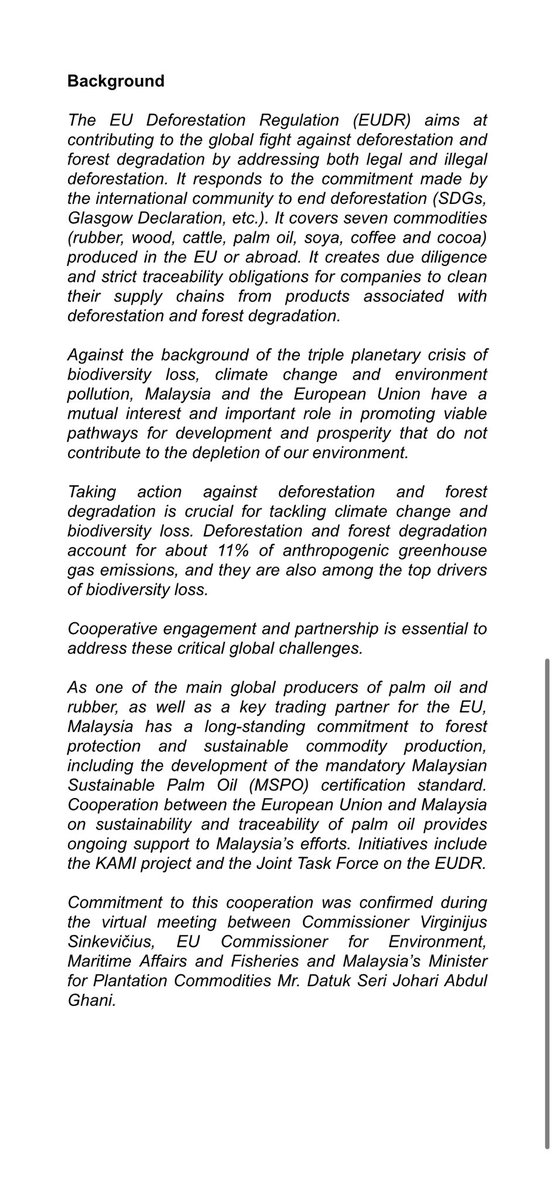 Cmmsr @VSinkevicius and Minister @joharighani had a call today to discuss the European Deforestation Regulation #EUDR #EUGreenDeal. Read more in the joint press release below.

@MichalisRokasEU @mpocHQ @MyKomoditi