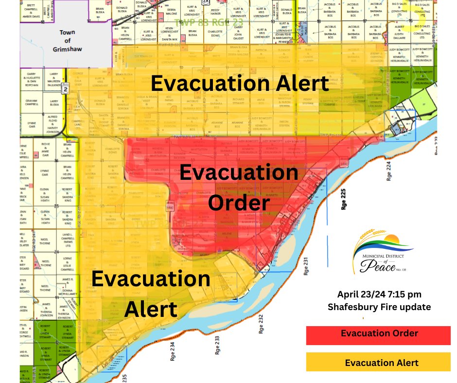 Evacuation Order for the MD of Peace; Shaftesbury Trail Wildfire PMD003 (Alberta.ca) reachfm.ca/articles/wildf… #peaceriver #grimshaw #mdpeace #shaftesburywildfire #gpab #yqu #grandeprairie #mdgreenview #countygp #yxj #ydq #dawsoncreek #fortstjohn #wildfire #alberta