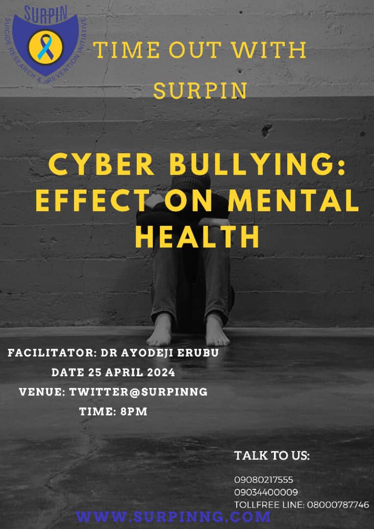 Don't miss the Timeout with SURPIN on Twitter as Dr Erubu will be discussing Cyber bullying and its impact on mental health. Join us and use the hashtags: #TOWSAPR24 #SURPINTOWS2024 
@surpinng <a href="/ayoerubu/">Ayodeji Erubu</a>