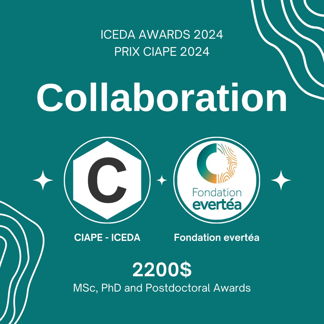 #Partenariat🤝| Prix CIAPE 2024🏆

La Fondation evertéa contribuera financièrement, jusqu’à 2200$, aux prix MSc, PhD et Postdoc.

Pour plus d’informations sur la Fondation evertéa: fondationevertea.org
Pour soumettre une candidature aux prix CIAPE 2024: ciape-iceda.ca/prix-ciape/