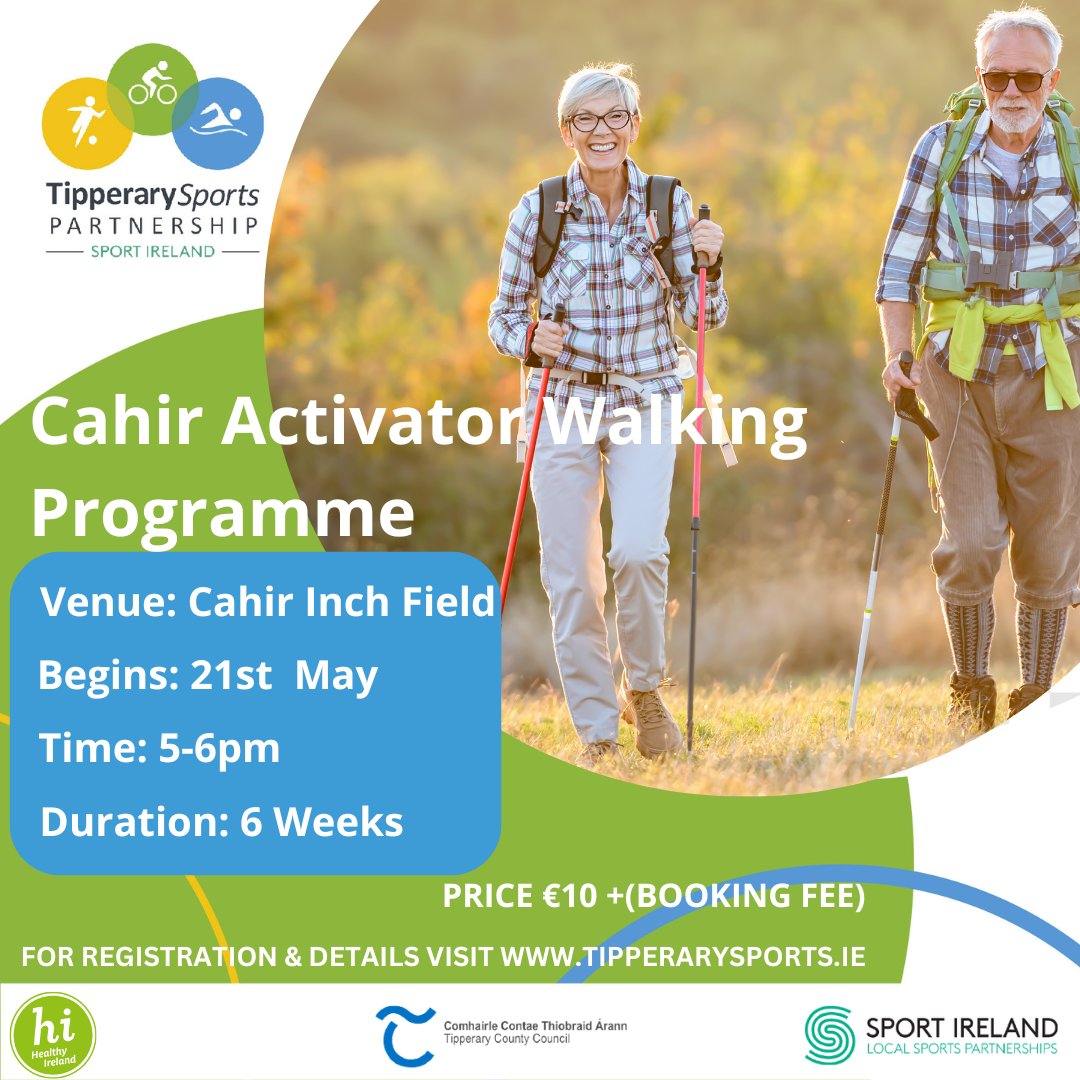Tipperary Sports Partnership are hosting a 6 week 𝗔𝗰𝘁𝗶𝘃𝗮𝘁𝗼𝗿 𝗪𝗮𝗹𝗸𝗶𝗻𝗴 𝗣𝗿𝗼𝗴𝗿𝗮𝗺𝗺𝗲 📌Inch Field, Castle Street, Cahir. 📅Starting May, 21st at 5pm 10 plus booking fee 🔗 bit.ly/3JA59eg #BeActiveTipperary