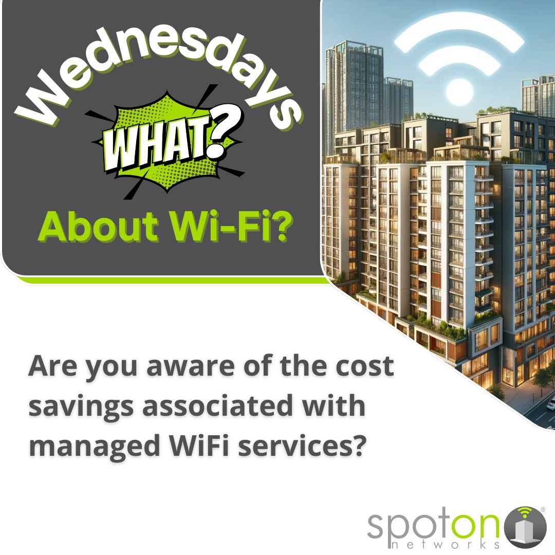 💡💚 It's #WifiWednesday! Did you know managed Wi-Fi isn't just a convenience but a cost-saver too? Let's dive into the economics of excellent connectivity with #SpotOnNetworks. #CostSavings #ManagedWiFiServices #SmartInvestment #TechSavvyMDUs