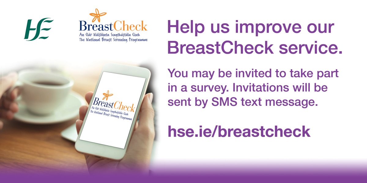 We invite women who participate in our #BreastCheck programme to take part in an online survey.

If you get a text message inviting you to take the survey, we encourage you to share your experiences with us. 

Find out more👉tinyurl.com/2p9r29fh