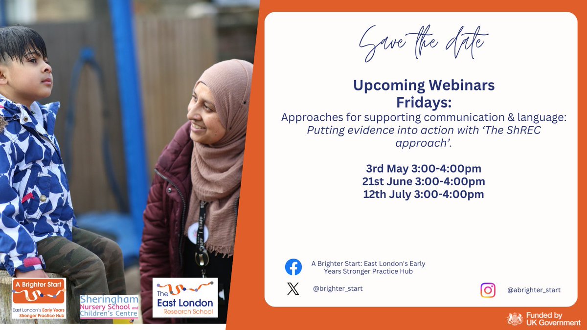 brighter_start's tweet photo. 🤩Next week's FREE webinar on communication and language delivered by @melissaEYpren & @Flissej
📅3rd May 2024 from 3-4pm
⭐️Learn about the ShREC approach and how to implement strategies into practice.
📲Sign up here:
https://t.co/yXngoMpPjH
#strongerpracticehub #ShREC #EYFS https://t.co/WWLz3ciIDZ